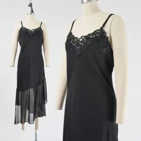 Vintage 90s Black Sheer Bias Cut Asymmetrical Chiffon Lace Maxi Slip Dress M