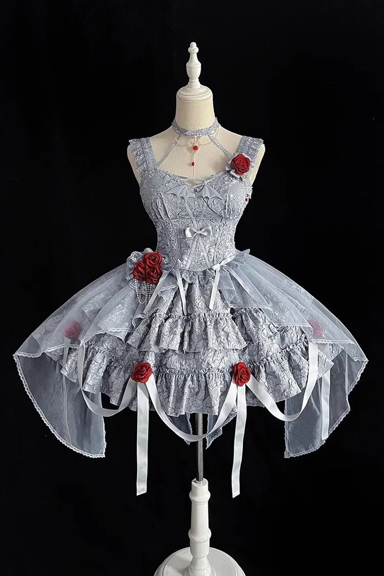 Weeping Rose Double-Layered Ruffle Embroidery Bowknot Lace Gothic Ballet Lolita Skirt Set 4 Colors