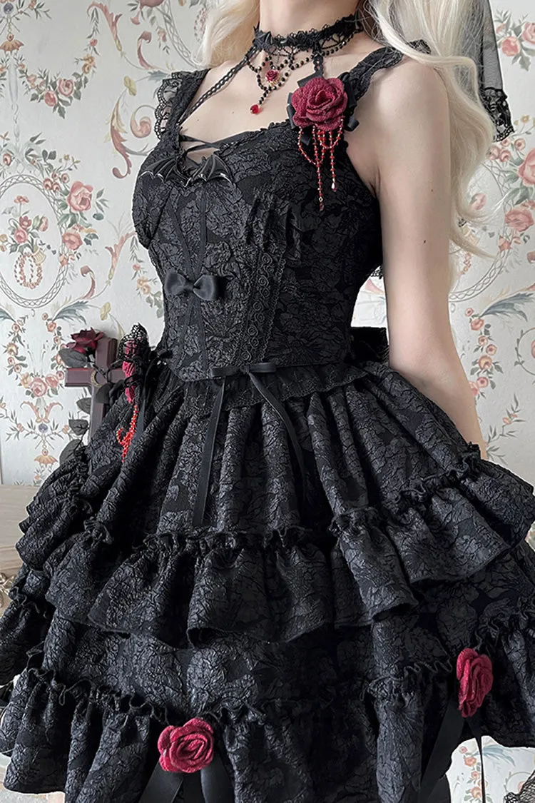 Weeping Rose Double-Layered Ruffle Embroidery Bowknot Lace Gothic Ballet Lolita Skirt Set 4 Colors