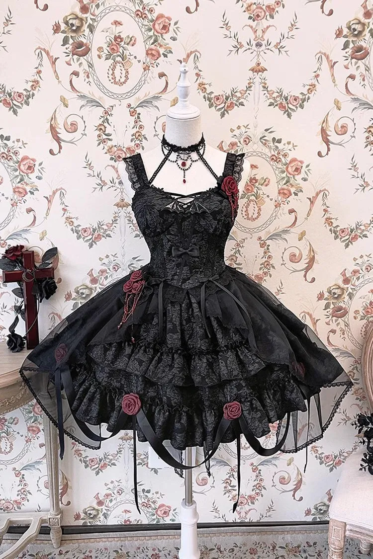 Weeping Rose Double-Layered Ruffle Embroidery Bowknot Lace Gothic Ballet Lolita Skirt Set 4 Colors