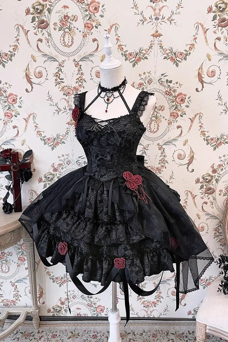 Weeping Rose Double-Layered Ruffle Embroidery Bowknot Lace Gothic Ballet Lolita Skirt Set 4 Colors