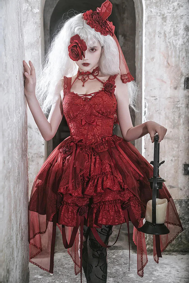 Weeping Rose Double-Layered Ruffle Embroidery Bowknot Lace Gothic Ballet Lolita Skirt Set 4 Colors