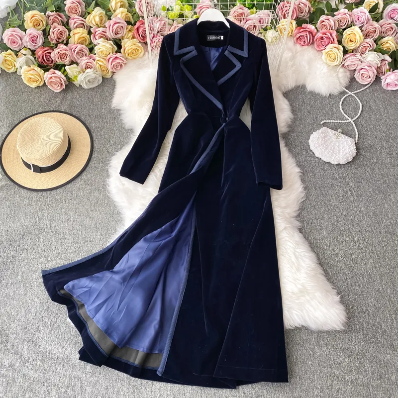 Women  Autumn and Winter Velvet Suit Collar Long Dress Long Coat 1523