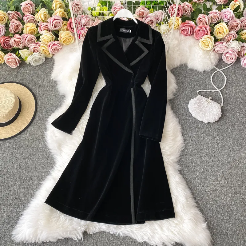 Women  Autumn and Winter Velvet Suit Collar Long Dress Long Coat 1523