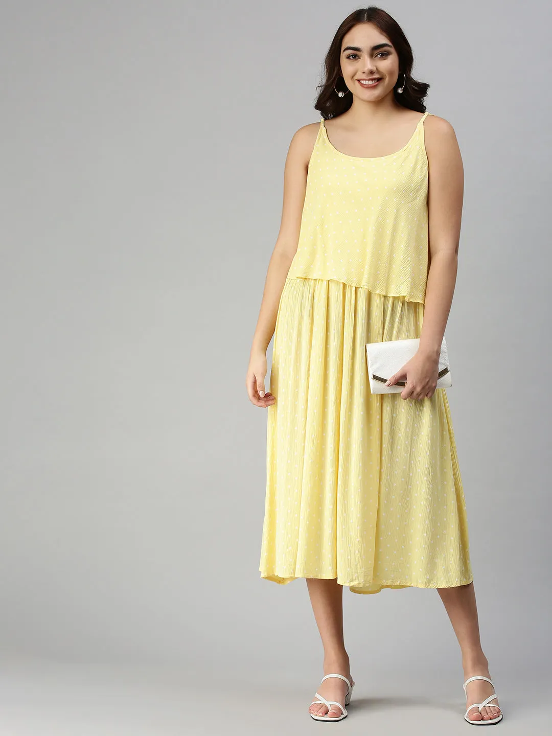 Women Shoulder Straps Self Design Maxi Yellow Dress