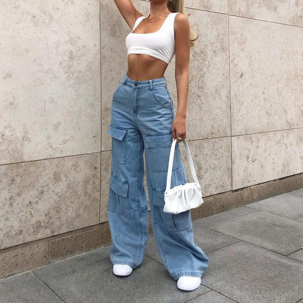 Women Solid Color Loose Jeans High Waist Casual Stylish Wild Wide Leg Pants Shopping Daily Wear Multi Pockets Trousers