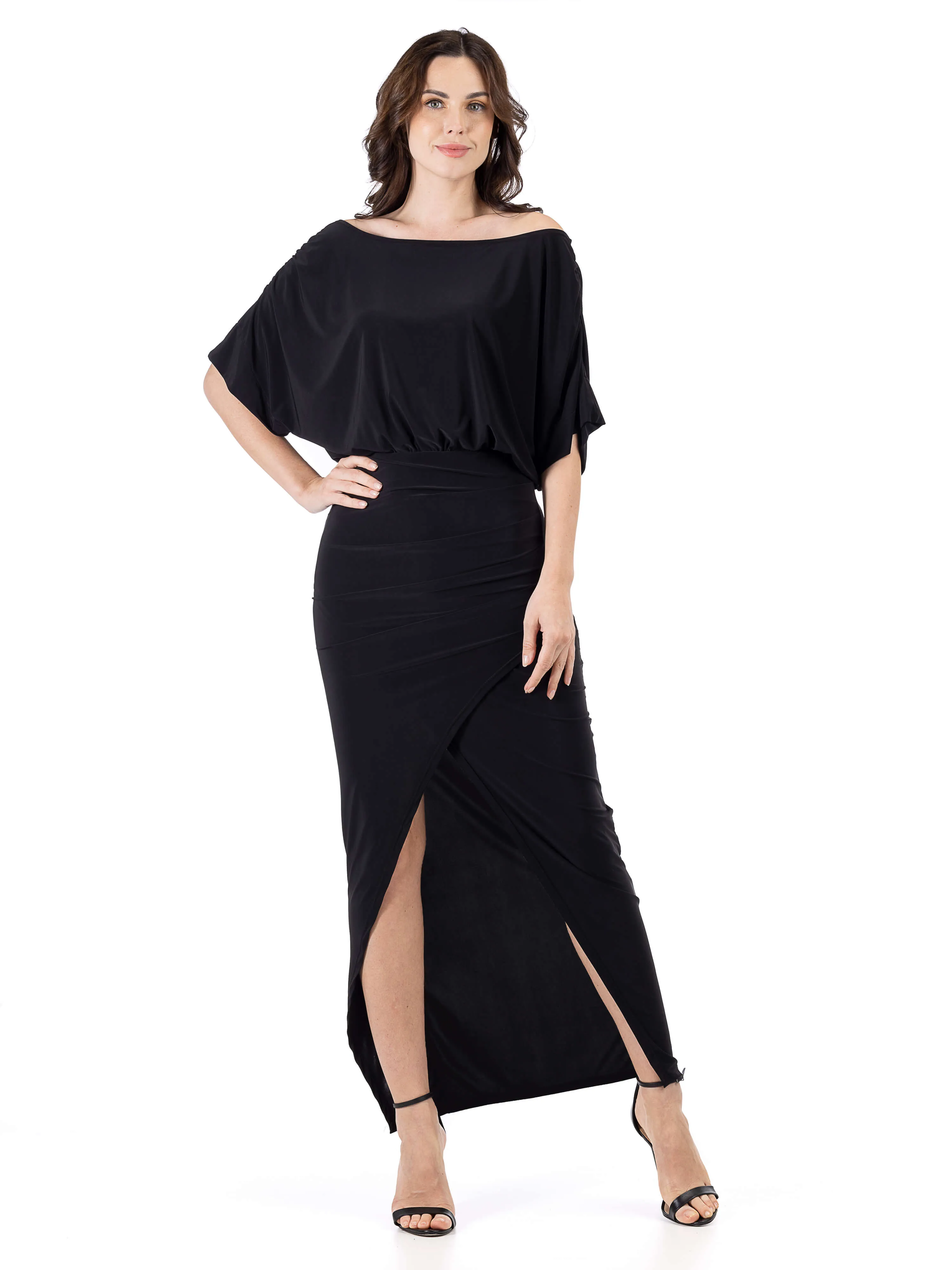 Womens Boat Neck Batwing Sleeve Slit Maxi Dress