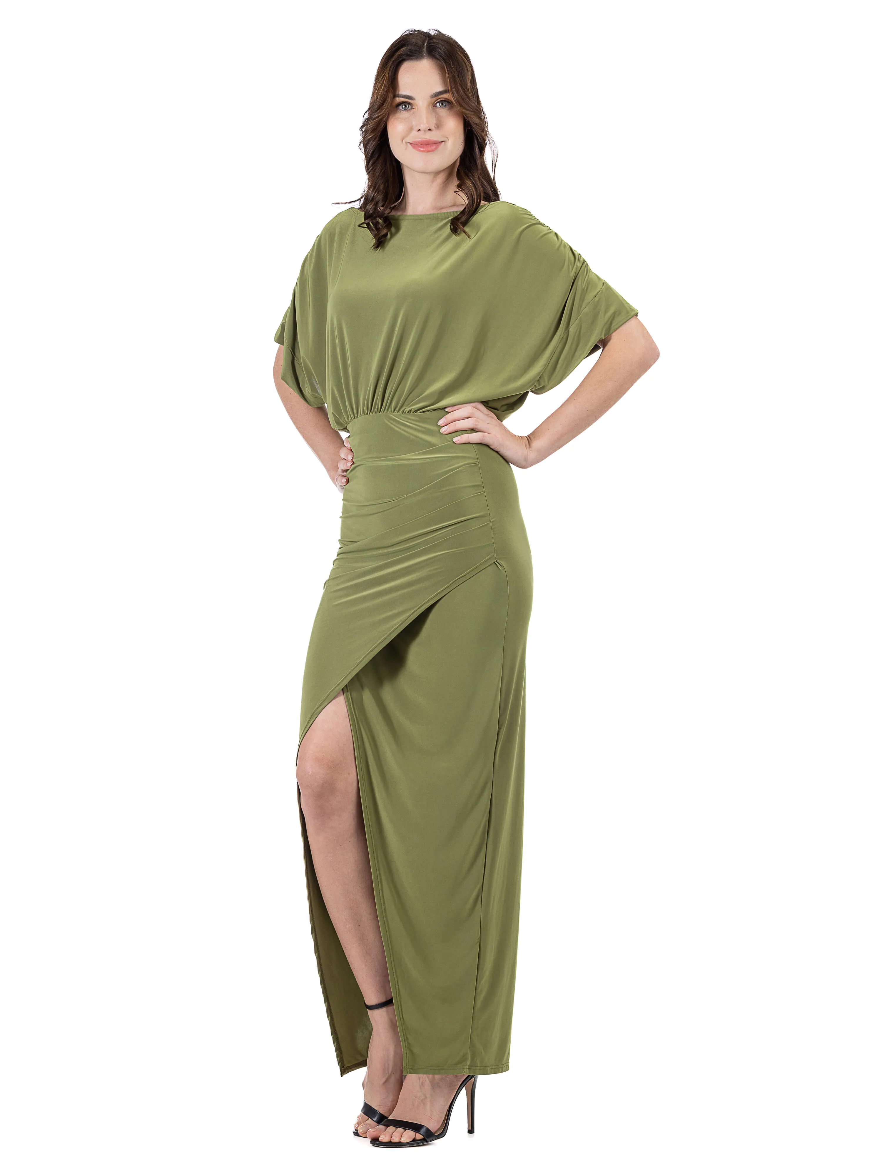 Womens Boat Neck Batwing Sleeve Slit Maxi Dress