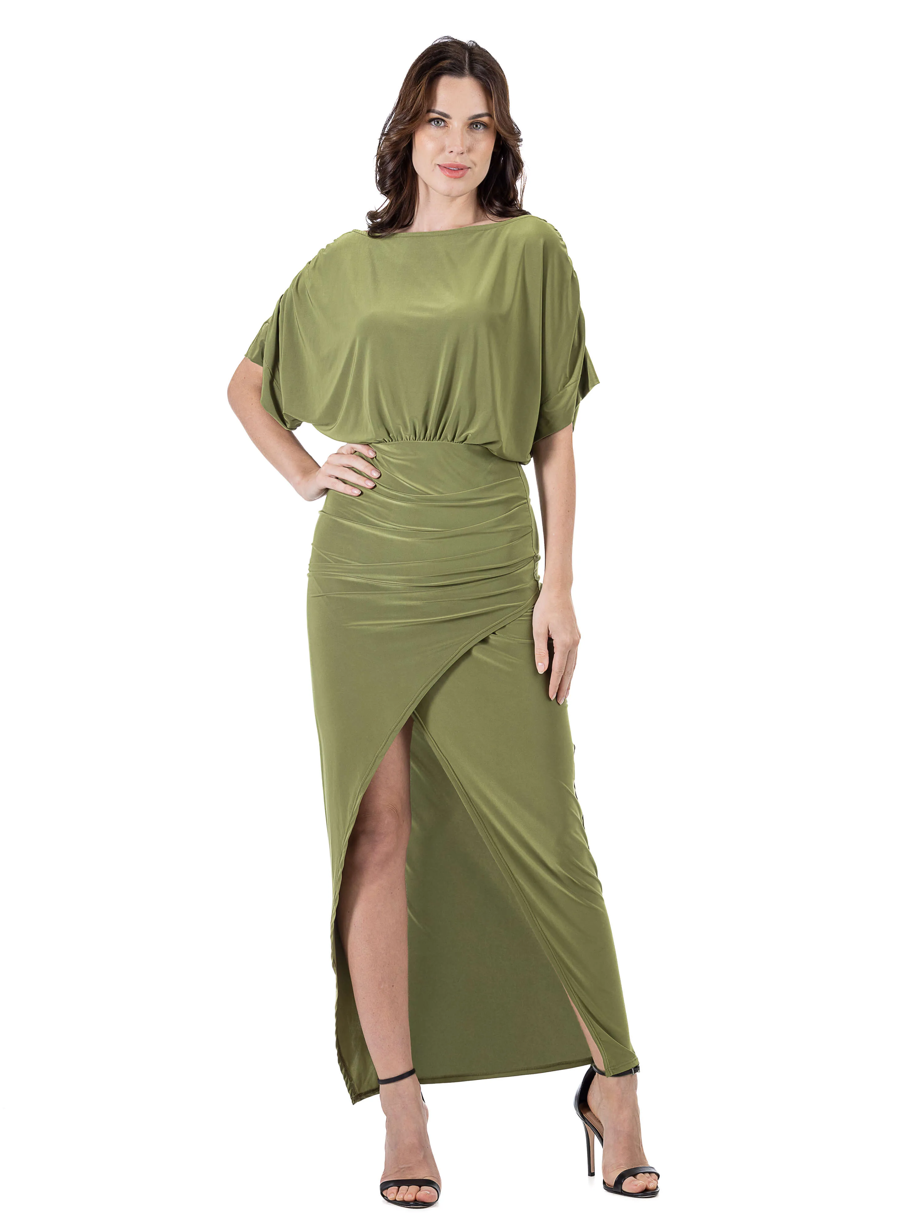 Womens Boat Neck Batwing Sleeve Slit Maxi Dress