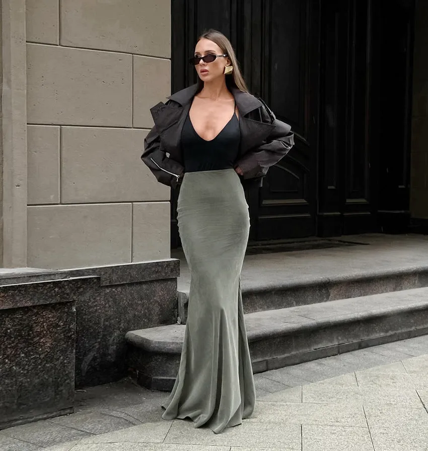 Women's Fashion Silver Fox Velvet High-Waisted Bodycon Fishtail Skirt