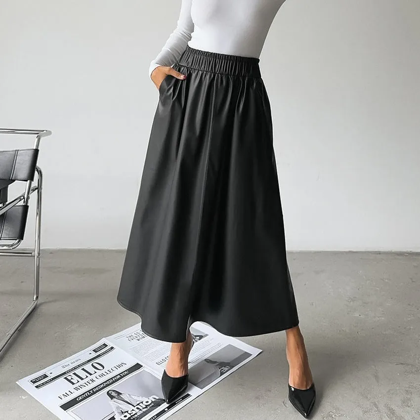 Women's High-Waisted Faux Leather A-Line Skirt with Pleats