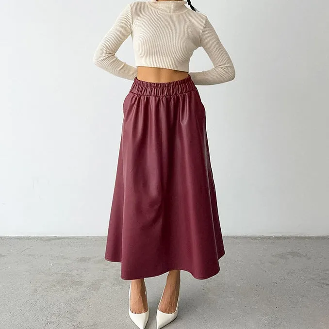 Women's High-Waisted Faux Leather A-Line Skirt with Pleats