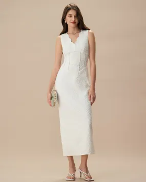 Women's White V-Neck Jacquard Maxi Dress