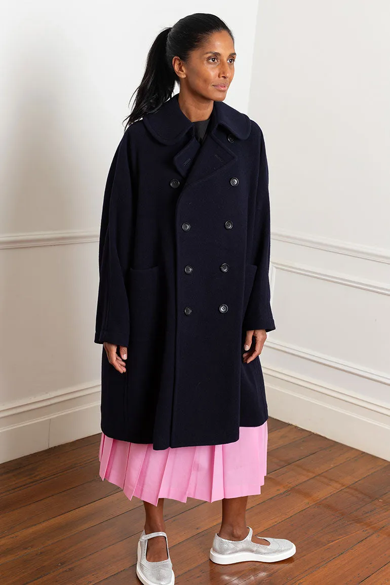 Wool Nylon Blend Coat - Navy